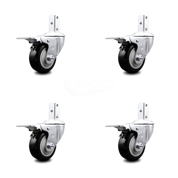 3 Inch Black Poly Wheel Swivel 7/8 Inch Square Stem Caster Set Total Lock Brake